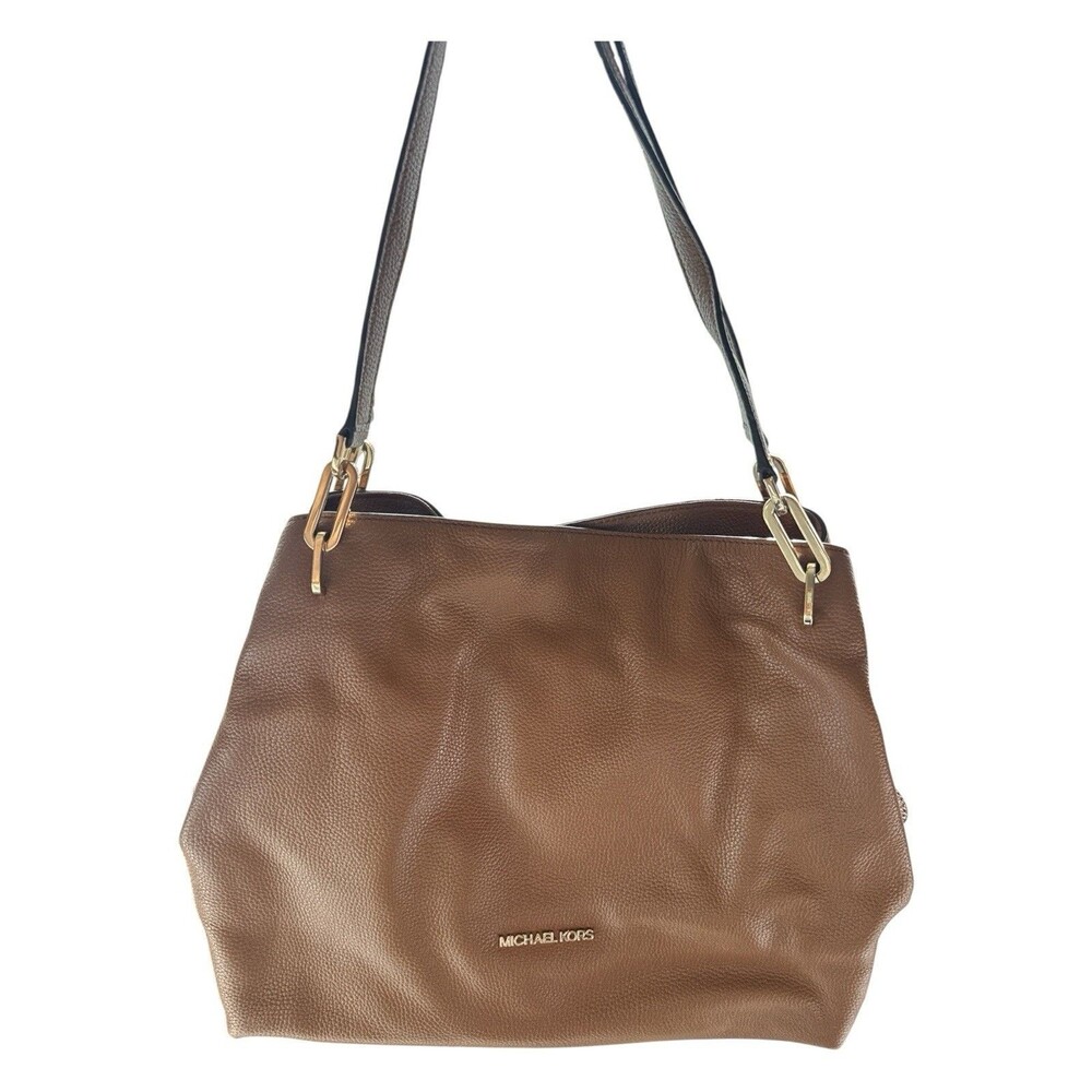 Michael Kors Leighton Large Shoulder Tote Brown Pebbled Leather Gold Hardware